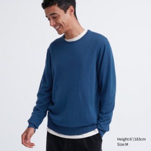 Blue Men Uniqlo Extra Fine Merino Crew Neck Sweaters | USA SIFXY-8764