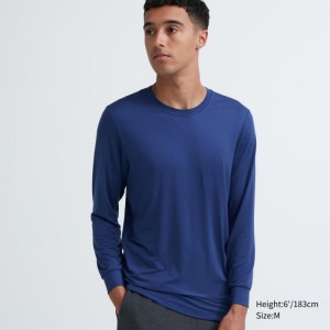 Blue Men Uniqlo Heattech Crew Neck Long-sleeve T Shirts | USA LFVEC-9730