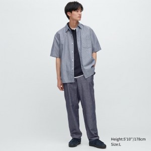 Blue Men Uniqlo Linen Blend Relaxed Pants | USA OAQSX-7530