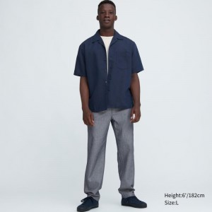 Blue Men Uniqlo Linen Blend Relaxed (Striped) Pants | USA JDCOY-5047