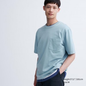 Blue Men Uniqlo Oversized Pocket Crew Neck Half-sleeve T Shirts | USA HDGTZ-8034