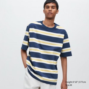 Blue Men Uniqlo Oversized Striped Half-sleeve T Shirts | USA MGFAD-6403