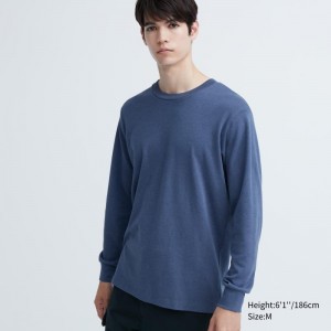 Blue Men Uniqlo Soft Brushed Crew Neck Long-sleeve T Shirts | USA IQKZV-2136