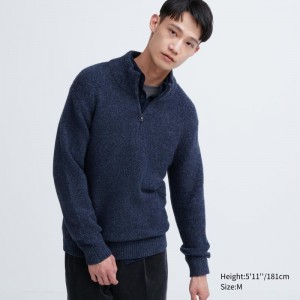 Blue Men Uniqlo Souffle Yarn Long Sleeve Half-zip Sweaters | USA JSAFI-5918