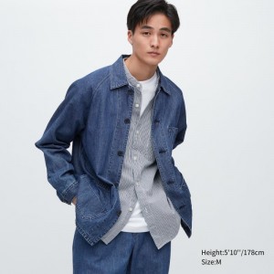 Blue Men Uniqlo Utility Denim (Cotton Linen) Jackets | USA JSKEQ-3789