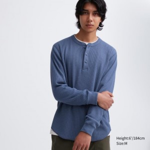 Blue Men Uniqlo Waffle Henley Neck Long-sleeve T Shirts | USA MVBEQ-5296