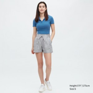 Blue Women Uniqlo Cotton Linen Striped Shorts | USA MKPLX-9012