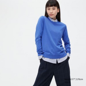 Blue Women Uniqlo Extra Fine Merino Crew Neck Sweaters | USA LVHCM-3756