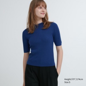 Blue Women Uniqlo Extra Fine Merino Ribbed Mock Neck Half-sleeve Sweaters | USA DXJNQ-8947