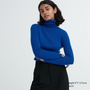 Blue Women Uniqlo Extra Fine Merino Ribbed Turtleneck Long-sleeve Sweaters | USA LXVPB-1203