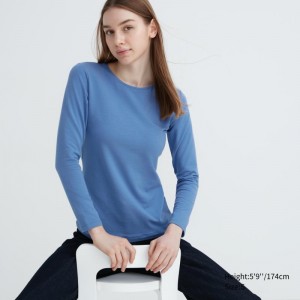 Blue Women Uniqlo Heattech Cotton Crew Neck Long-sleeve (Extra Warm) T Shirts | USA RUJVX-1048