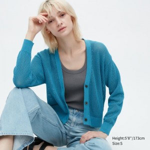 Blue Women Uniqlo Mesh Long-sleeve Short Cardigan | USA CBEZX-4938