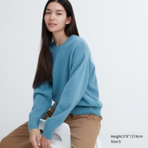 Blue Women Uniqlo Premium Lambswool Crew Neck Long-sleeve Sweaters | USA AQFPH-2734