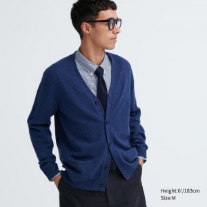 Blue Women Uniqlo Premium Lambswool V-neck Long-sleeve Cardigan | USA OJDQH-0278