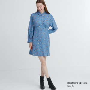 Blue Women Uniqlo Printed V-neck Long-sleeve Mini Dress | USA MLDPR-4021