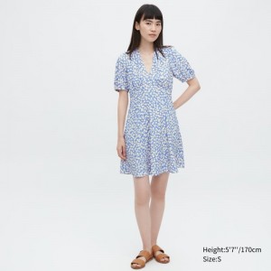 Blue Women Uniqlo Printed V-neck Short-sleeve Mini Dress | USA WOTQX-1540