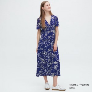 Blue Women Uniqlo Printed V-neck Short-sleeve Flare Dress | USA WZXEO-5820