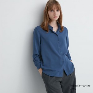 Blue Women Uniqlo Rayon Long-sleeve Blouse | USA IHKOJ-0728