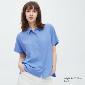 Blue Women Uniqlo Rayon Short-sleeve Blouse | USA MVDBI-4617