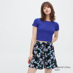 Blue Women Uniqlo Ribbed Crew Neck Short-sleeve Cropped T Shirts | USA NTGOK-9078