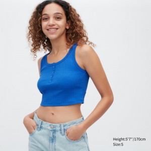 Blue Women Uniqlo Ribbed Henley Neck Cropped Tank Tops | USA VLKBO-6152