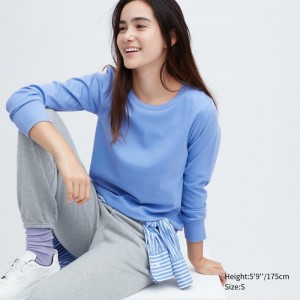 Blue Women Uniqlo Smooth Stretch Cotton Crew Neck Long-sleeve T Shirts | USA DTIHM-3590