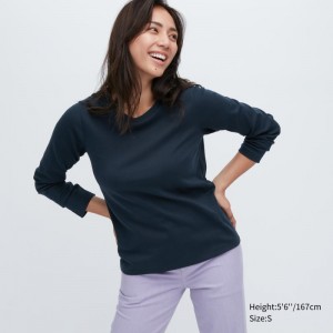 Blue Women Uniqlo Smooth Stretch Cotton Crew Neck Long-sleeve T Shirts | USA YKOBC-0928