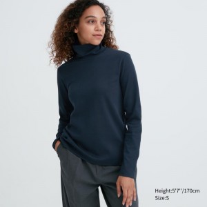 Blue Women Uniqlo Smooth Stretch Cotton Turtleneck Long Sleeve T Shirts | USA GEVIJ-3705