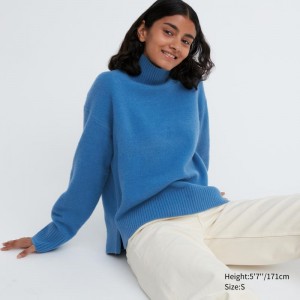 Blue Women Uniqlo Souffle Yarn Long Sleeve High Neck Sweaters | USA BCFIS-7465