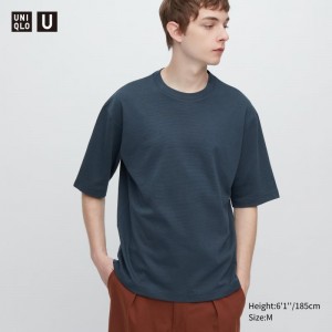 Blue Women Uniqlo U Airism Cotton Striped Crew Neck Oversized T Shirts | USA CKABF-4973