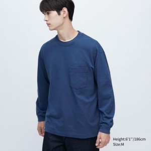 Blue Women Uniqlo Washed Cotton Crew Neck Long-sleeve T Shirts | USA JGFBY-5392