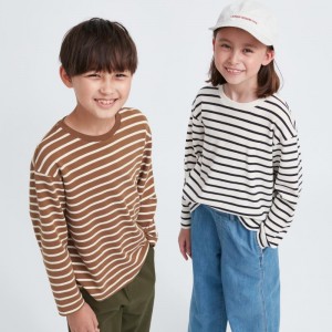 Brown Kids Uniqlo Soft Brushed Striped Crew Neck Long-sleeve T Shirts | USA TFHJR-2650