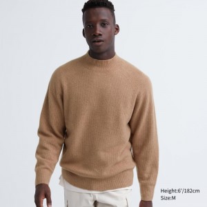 Brown Men Uniqlo 3d Knit Souffle Yarn Mock Neck Sweaters | USA LQIMO-6103