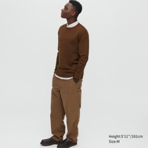 Brown Men Uniqlo Extra Fine Merino Crew Neck Sweaters | USA BXRGF-5609