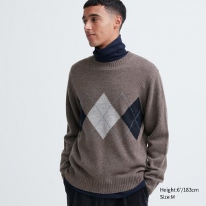 Brown Men Uniqlo Premium Lambswool Crew Neck Long-sleeve Sweaters | USA EFMLP-6072