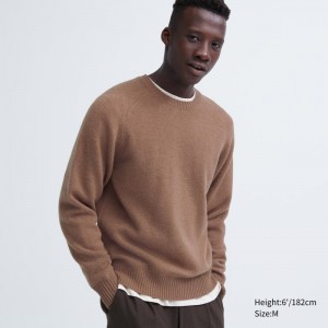 Brown Men Uniqlo Premium Lambswool Crew Neck Long Sleeve Sweaters | USA YGHRM-3456