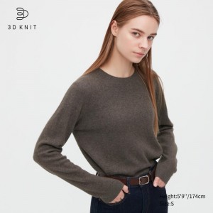 Brown Women Uniqlo 3d Knit Cashmere Crew Neck Long-sleeve Sweaters | USA UYHQG-6318