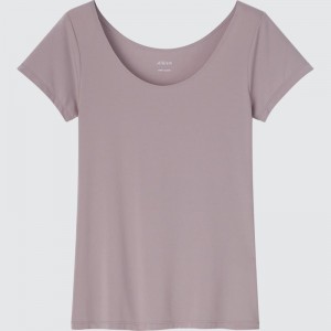 Brown Women Uniqlo Airism Scoop Neck Short-sleeve T Shirts | USA ZMPSW-9842