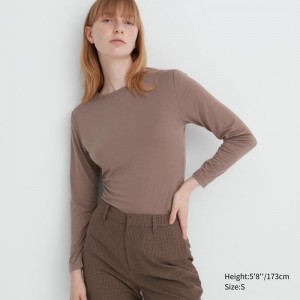 Brown Women Uniqlo Heattech Crew Neck Long-sleeve T Shirts | USA MEBJY-3618