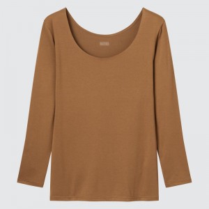 Brown Women Uniqlo Heattech Scoop Neck Long-sleeve T Shirts | USA PKMJW-0459