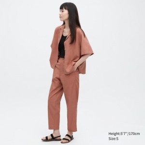 Brown Women Uniqlo Linen Cotton Tapered Pants | USA HKWSL-8501