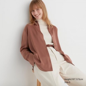 Brown Women Uniqlo Satin Long Sleeve Blouse | USA BHAYW-7953