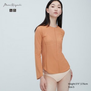 Brown Women Uniqlo Sheer Crew Neck Long-sleeve (Mame Kurogouchi) T Shirts | USA MXHNQ-5174