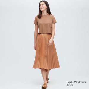 Brown Women Uniqlo Slub Jersey Cropped Short-sleeve T Shirts | USA QZEMF-3195