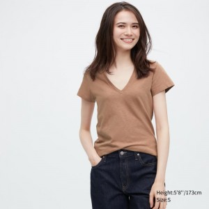 Brown Women Uniqlo Slub Jersey V-neck Short-sleeve T Shirts | USA NBJAY-3291