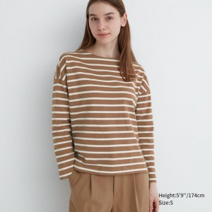 Brown Women Uniqlo Striped Long Sleeve T Shirts | USA ELCPN-7518