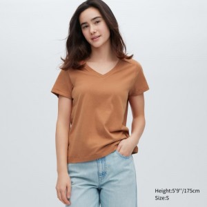 Brown Women Uniqlo Supima® Cotton V-neck Short-sleeve T Shirts | USA MDIRS-6921