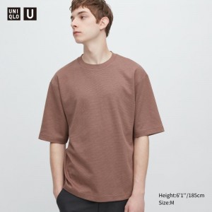 Brown Women Uniqlo U Airism Cotton Striped Crew Neck Oversized T Shirts | USA SBGDH-9482