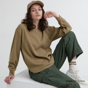 Brown Women Uniqlo Waffle Crew Neck Long-sleeve T Shirts | USA UOGZH-1796