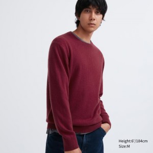 Burgundy Men Uniqlo Cashmere Crew Neck Long-sleeve Sweaters | USA LIGEQ-3694